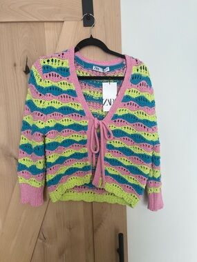 Zara Pink, Lime & Teal Cropped Knit Cardigan